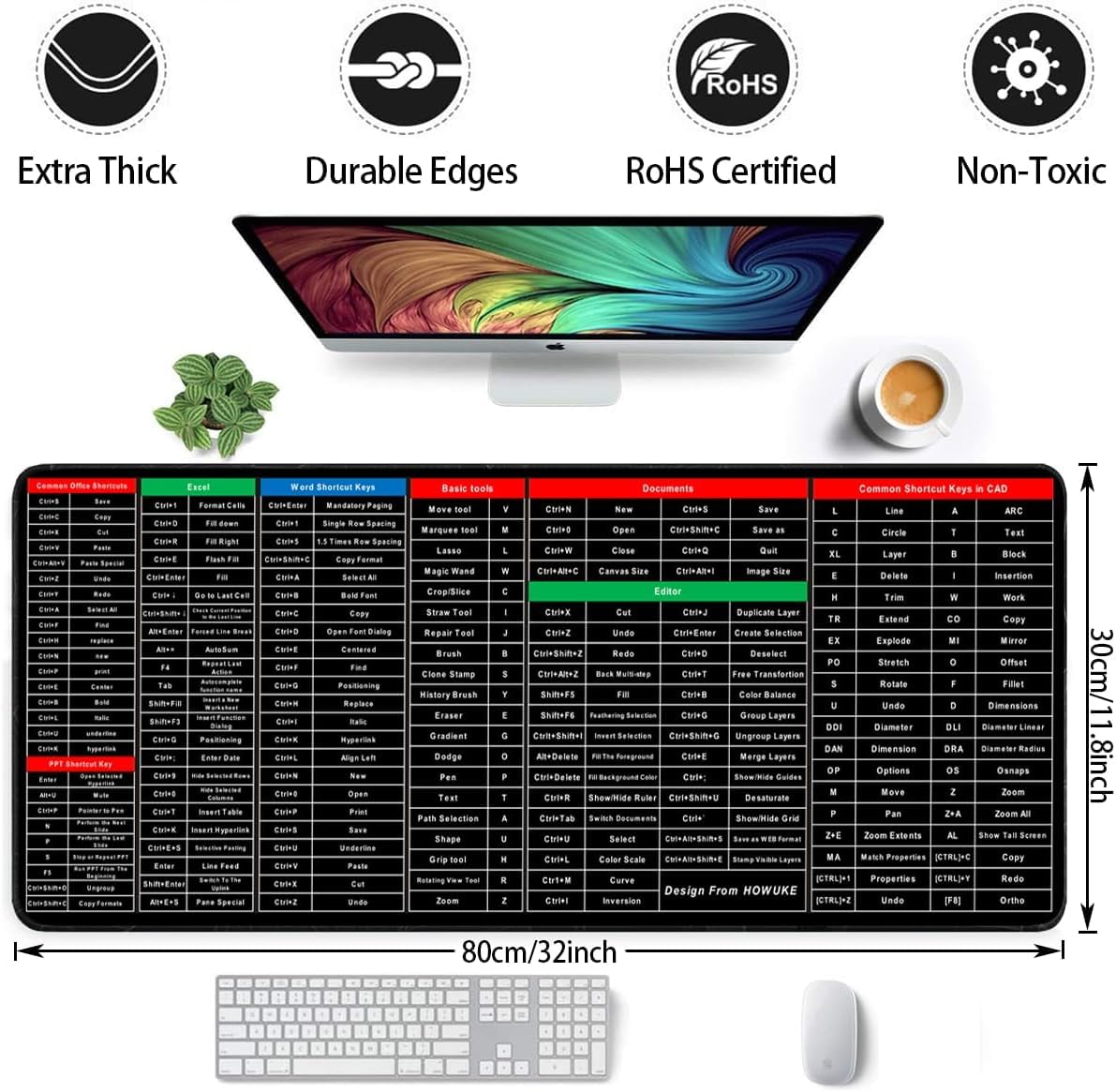 Olsic Large Mouse Pad Word/Excel/Power Point Shortcut Keys Desk Pad Mat Anti-Slip Nice