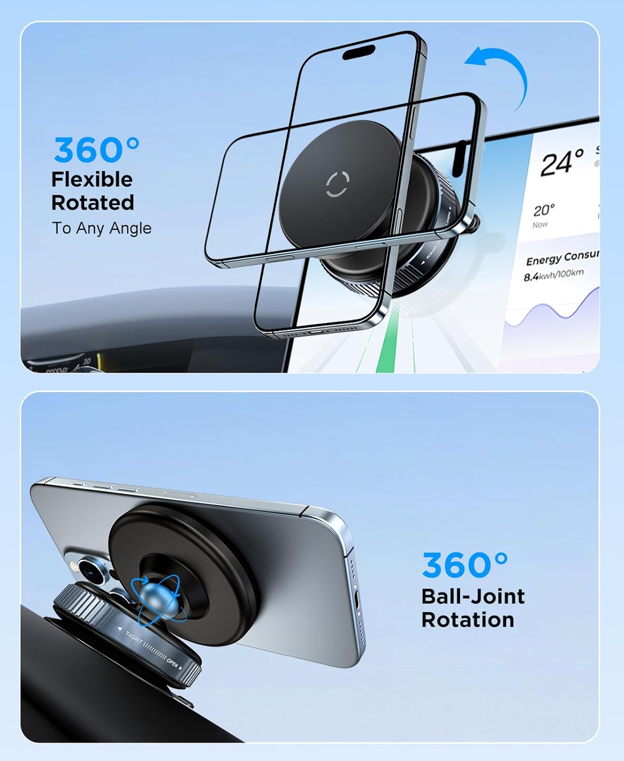 Vacuum Magnetic Phone Holder | 360° Rotating Magnetic Car Mount with Strong Suction Cup for Car, Gym, Mirror & Shower