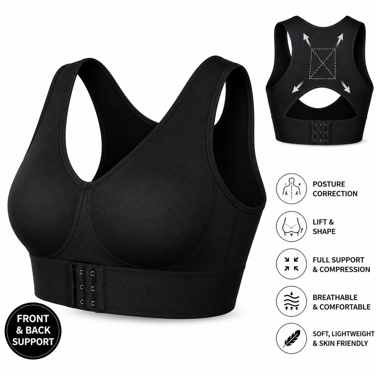 Women’s Posture Support Bra – Seamless Back Support Bra with Wide Straps & Adjustable Hook Closure