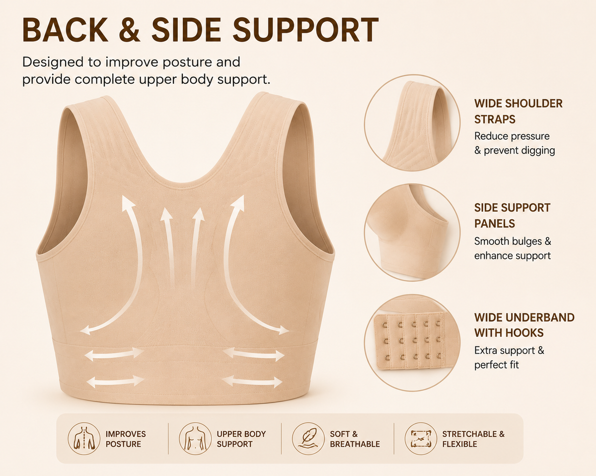 Women’s Posture Support Bra – Seamless Back Support Bra with Wide Straps & Adjustable Hook Closure