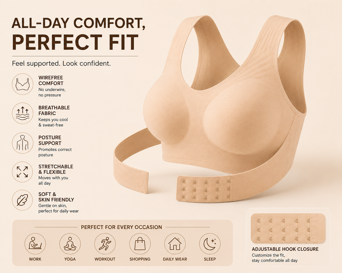 Women’s Posture Support Bra – Seamless Back Support Bra with Wide Straps & Adjustable Hook Closure