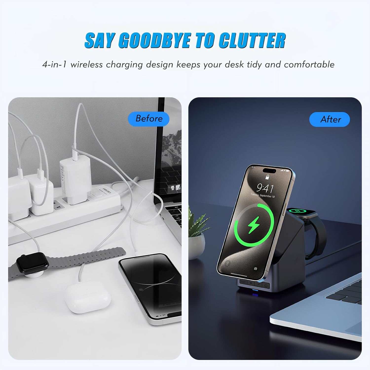 4-in-1 Magnetic Wireless Charger with Digital Clock | 15W Fast Charging Station for iPhone, Apple Watch, AirPods & Qi Phones