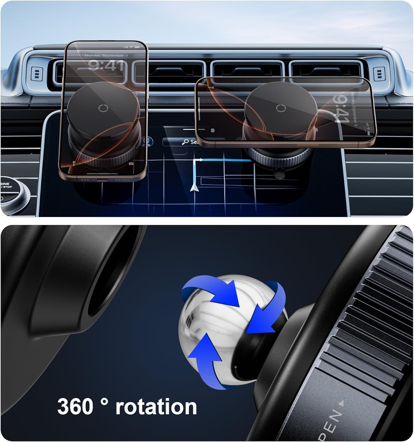 Vacuum Magnetic Phone Holder | 360° Rotating Magnetic Car Mount with Strong Suction Cup for Car, Gym, Mirror & Shower