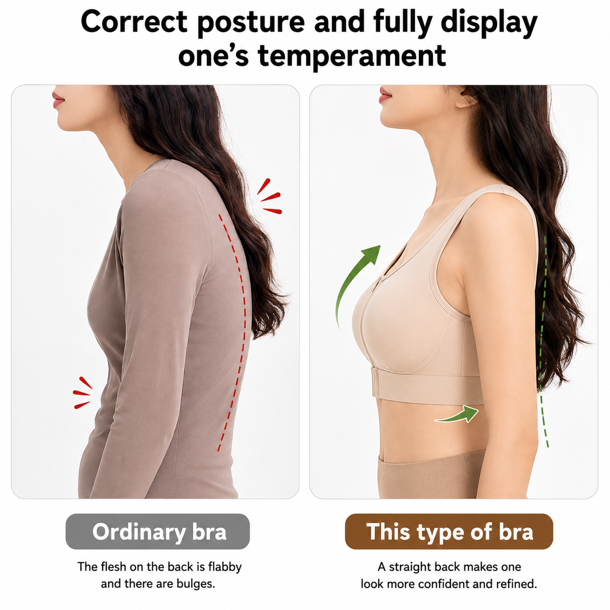 Women’s Posture Support Bra – Seamless Back Support Bra with Wide Straps & Adjustable Hook Closure