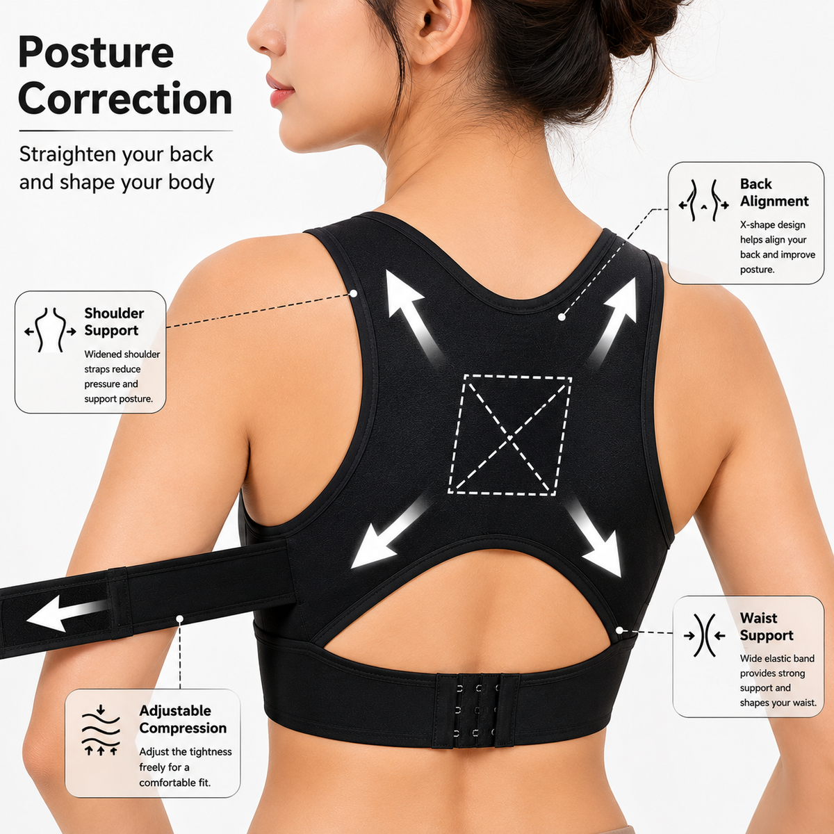Women’s Posture Support Bra – Seamless Back Support Bra with Wide Straps & Adjustable Hook Closure