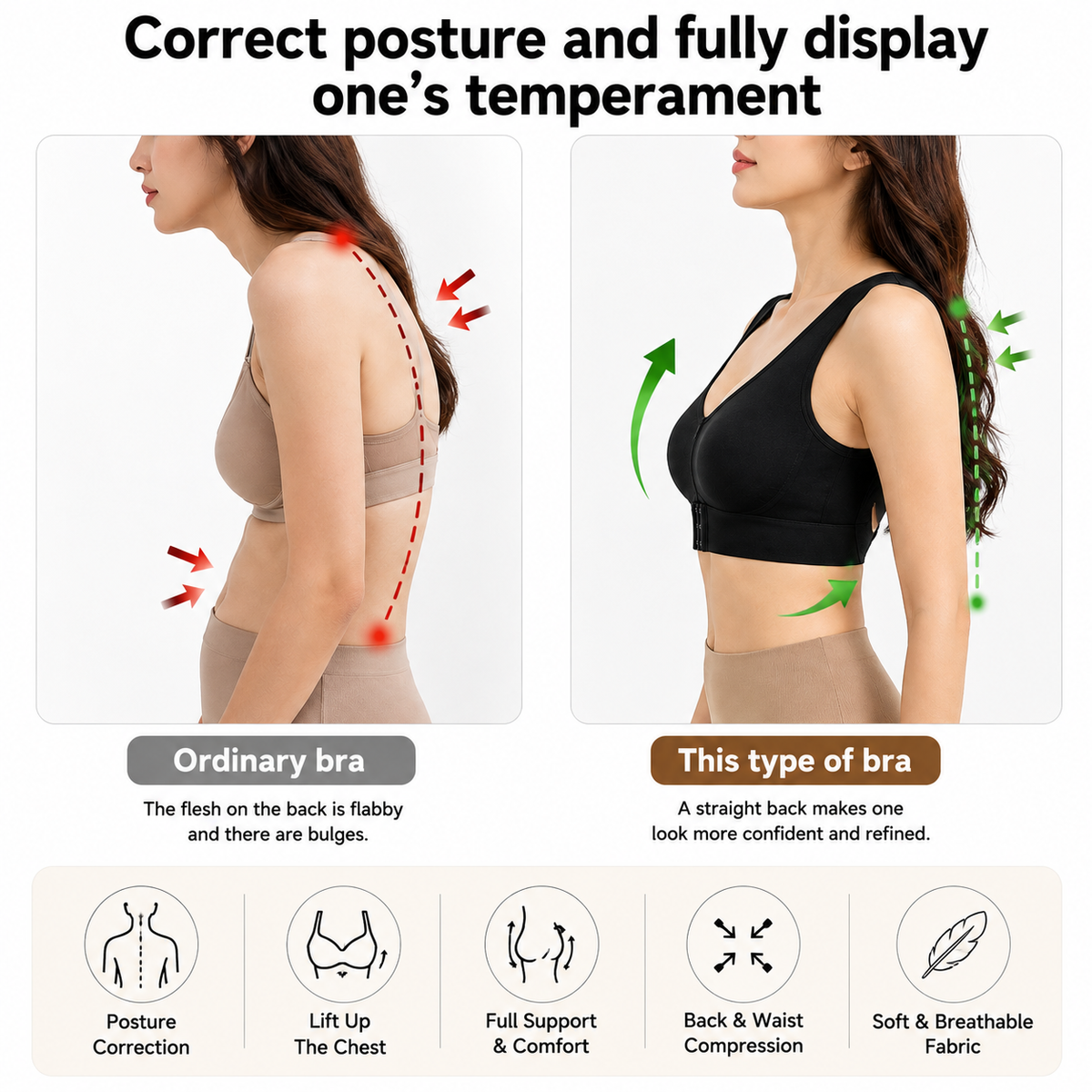 Women’s Posture Support Bra – Seamless Back Support Bra with Wide Straps & Adjustable Hook Closure