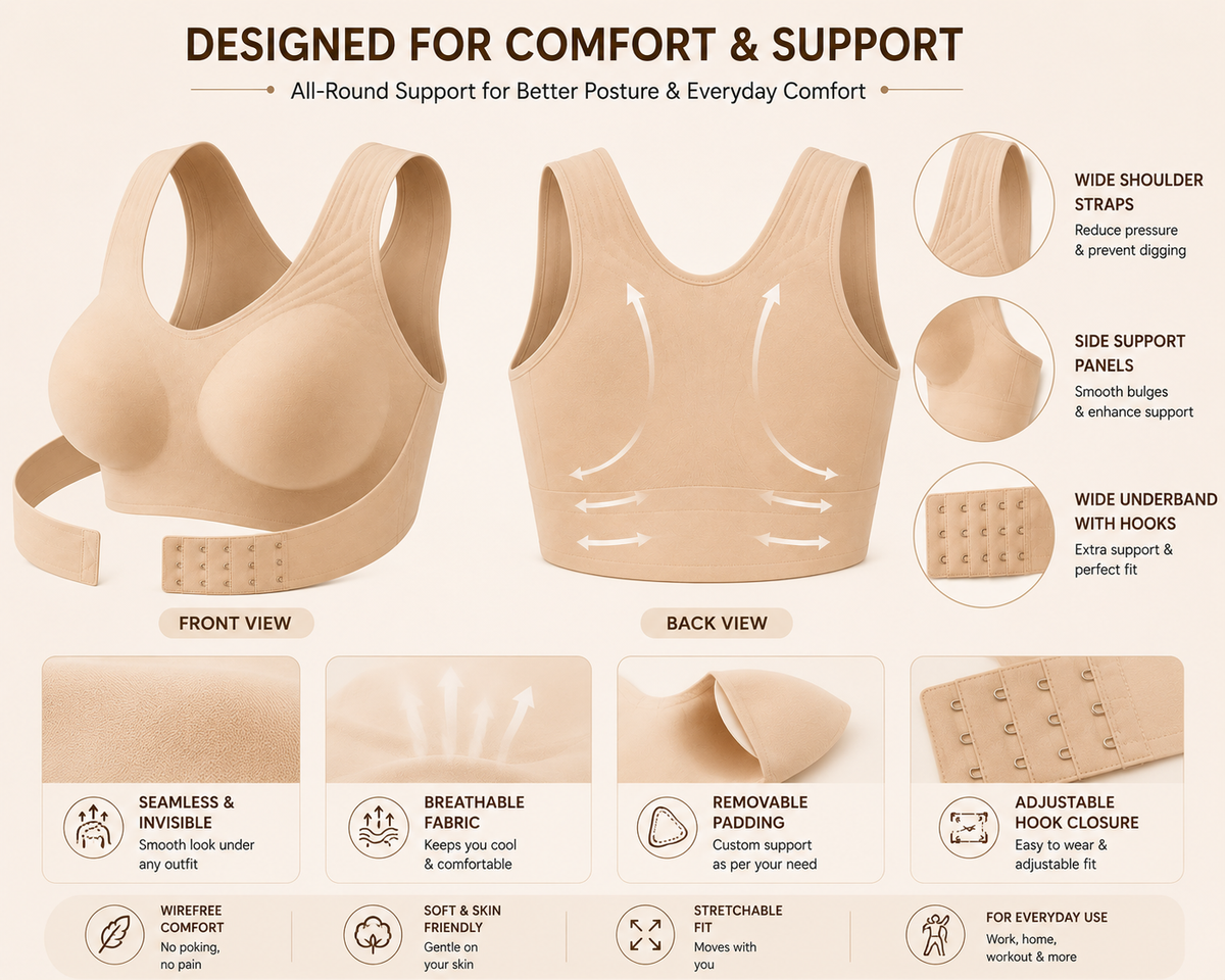 Women’s Posture Support Bra – Seamless Back Support Bra with Wide Straps & Adjustable Hook Closure