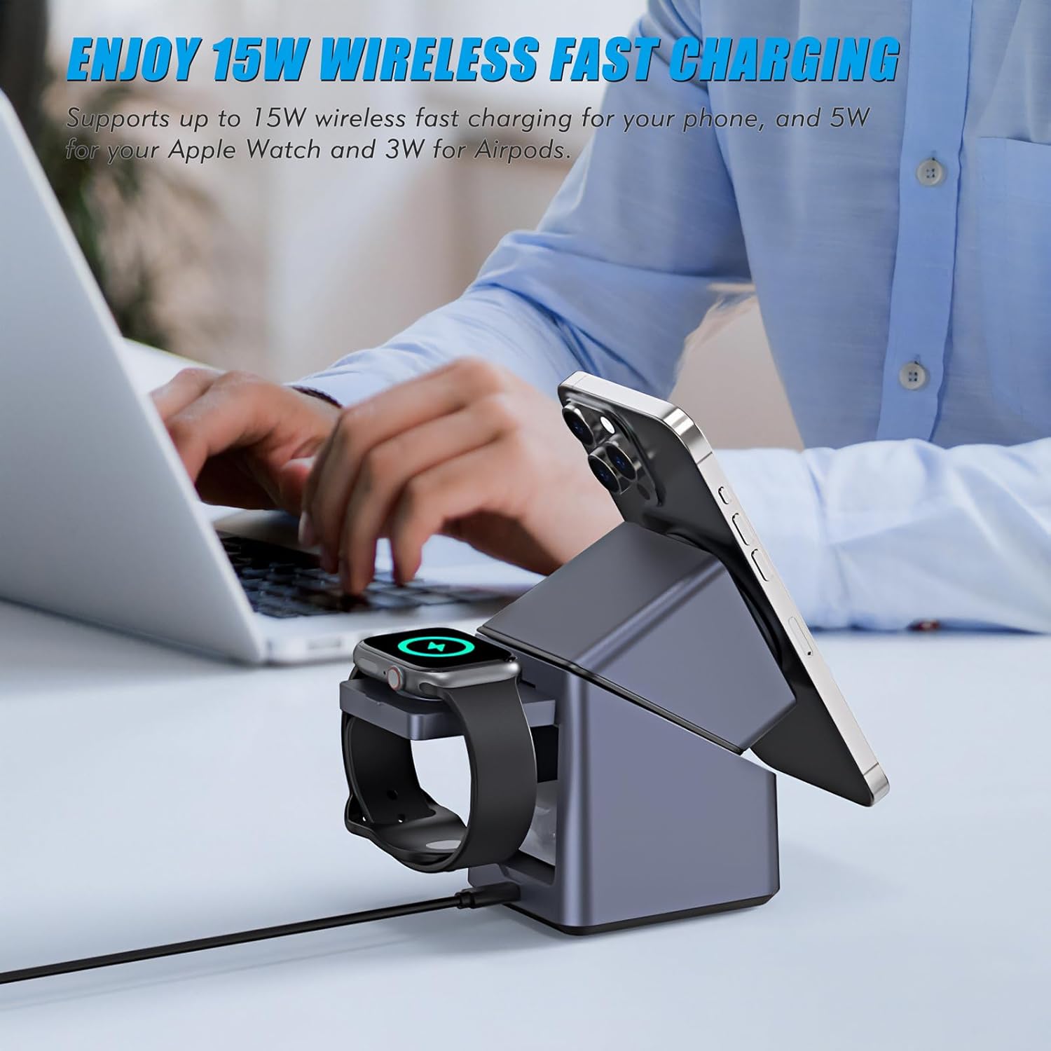 4-in-1 Magnetic Wireless Charger with Digital Clock | 15W Fast Charging Station for iPhone, Apple Watch, AirPods & Qi Phones